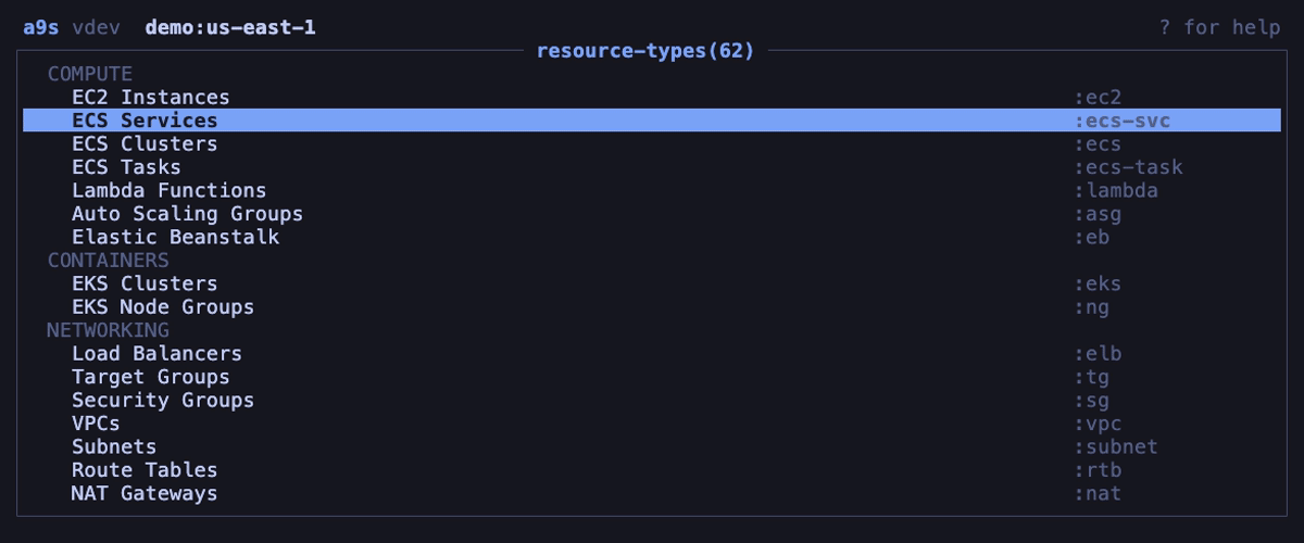 a9s demo — browsing EC2 instances, filtering, viewing details and YAML